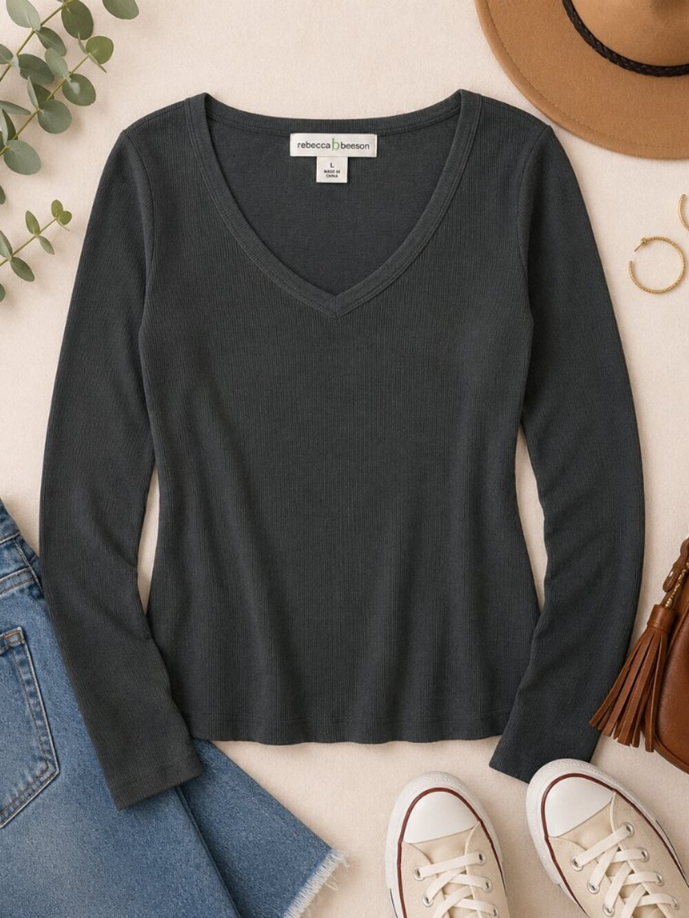 Rebecca Beeson Ribbed Long Sleeve Top Size Large Charcoal Gray V-Neck